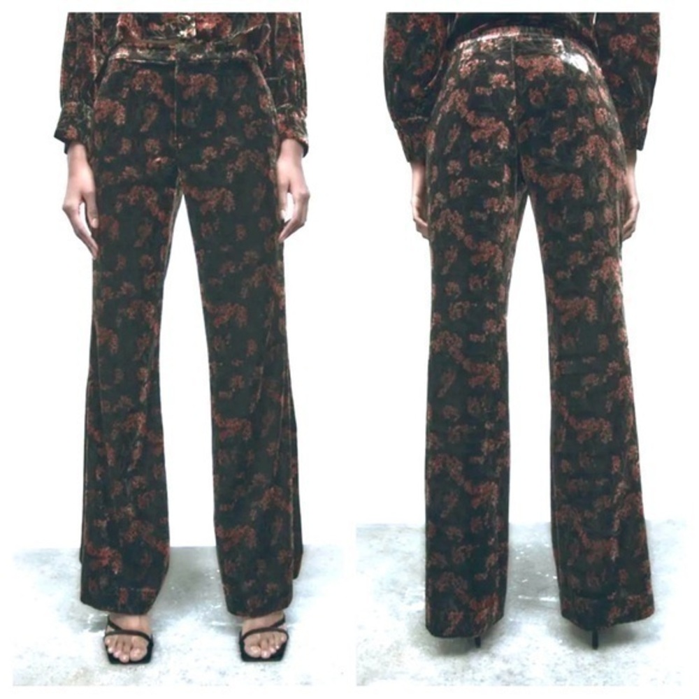 New ZARA Printed Velvet Velour Trousers Pants Floral Black Pink Purple Size S